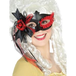 LOUP BAROQUE NOIR AVEC FLEUR ROUGE ET DENTELLE