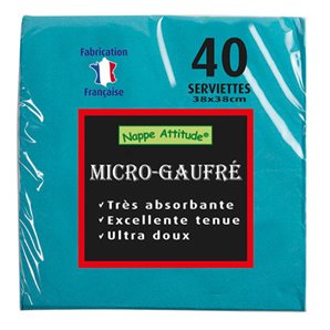 SERVIETTES TURQUOISE MICRO-GAUFREES 38X38CM - PAQUET DE 40