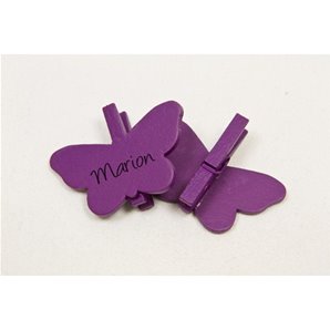 MARQUE-PLACE PAPILLON SUR PINCE EN BOIS PRUNE X 6