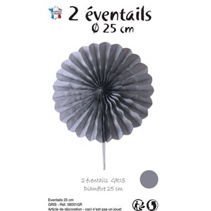 EVENTAIL DECORATIF GRIS EN PAPIER 25 CM - LOT DE 2